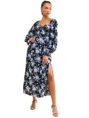 Free People Jaymes Black Floral Multicolor Smocked Pullover Mididress Sz: Medium